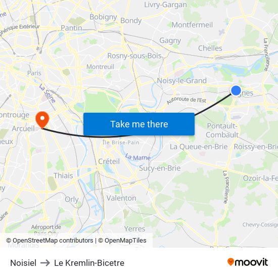 Noisiel to Le Kremlin-Bicetre map