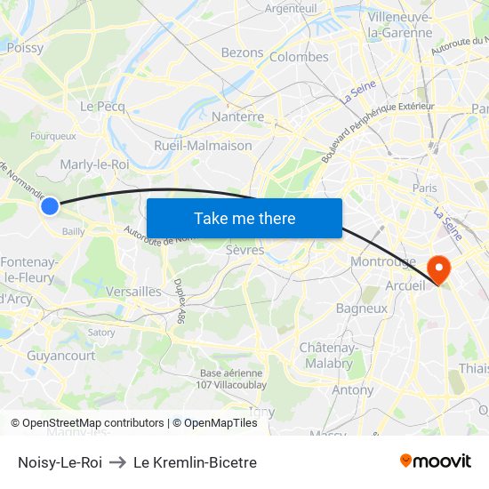Noisy-Le-Roi to Le Kremlin-Bicetre map