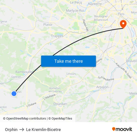 Orphin to Le Kremlin-Bicetre map