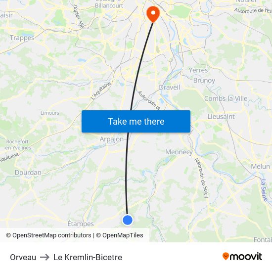 Orveau to Le Kremlin-Bicetre map