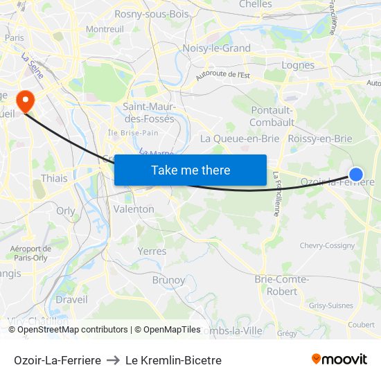 Ozoir-La-Ferriere to Le Kremlin-Bicetre map
