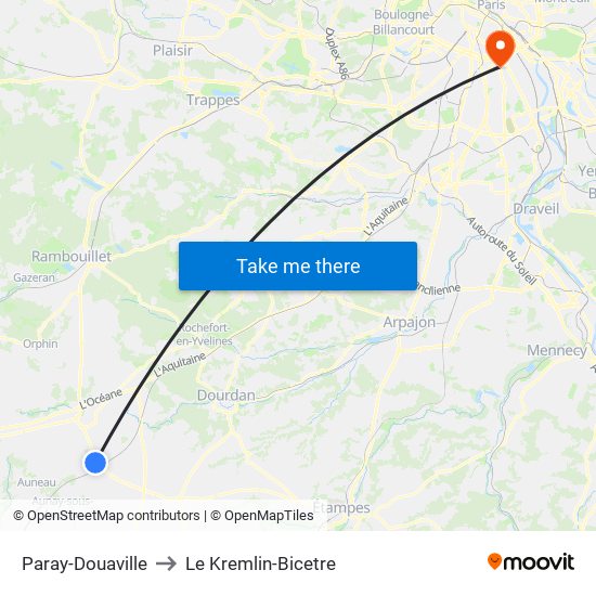 Paray-Douaville to Le Kremlin-Bicetre map