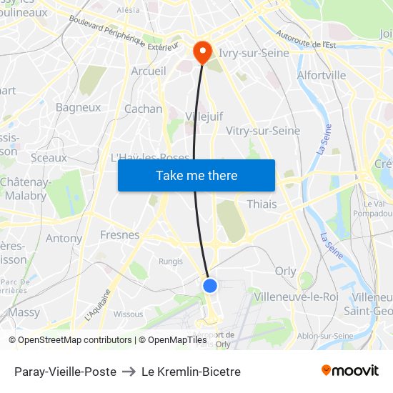 Paray-Vieille-Poste to Le Kremlin-Bicetre map