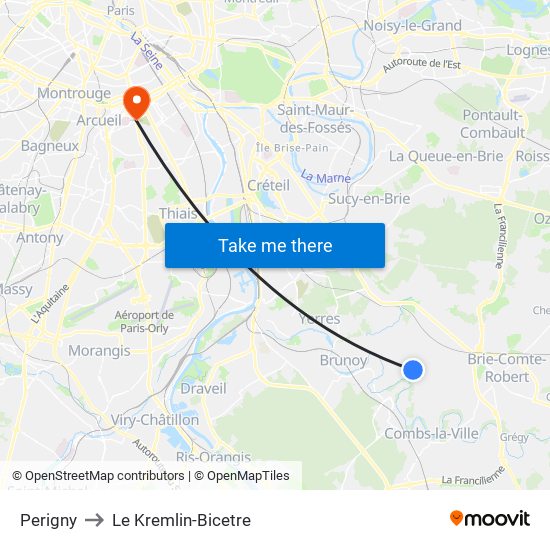 Perigny to Le Kremlin-Bicetre map