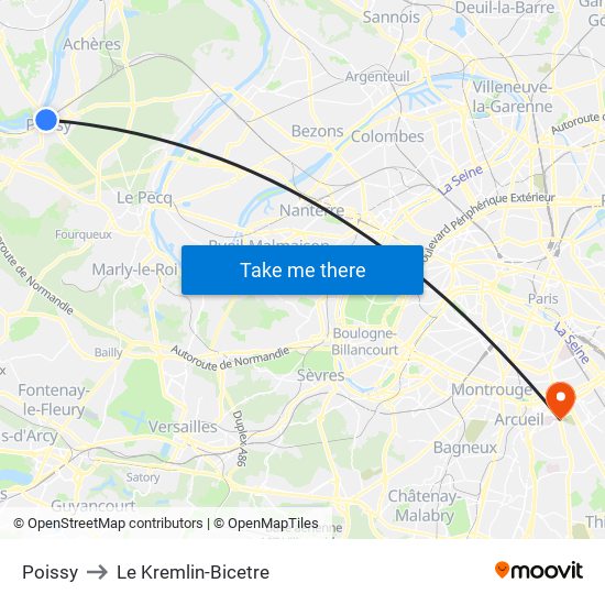 Poissy to Le Kremlin-Bicetre map