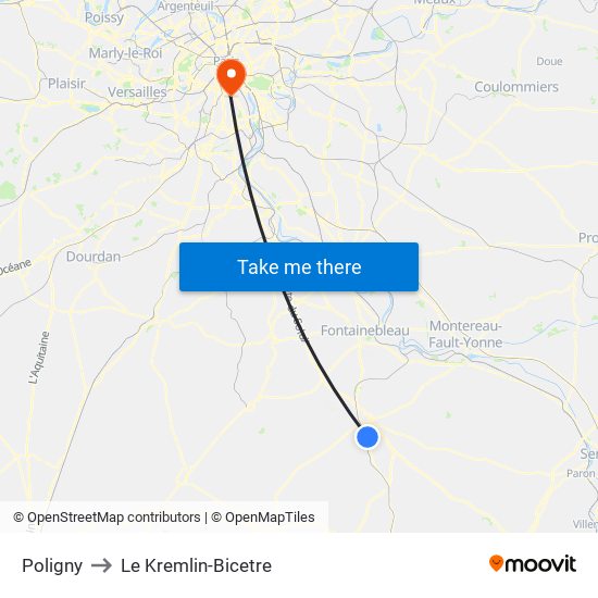 Poligny to Le Kremlin-Bicetre map