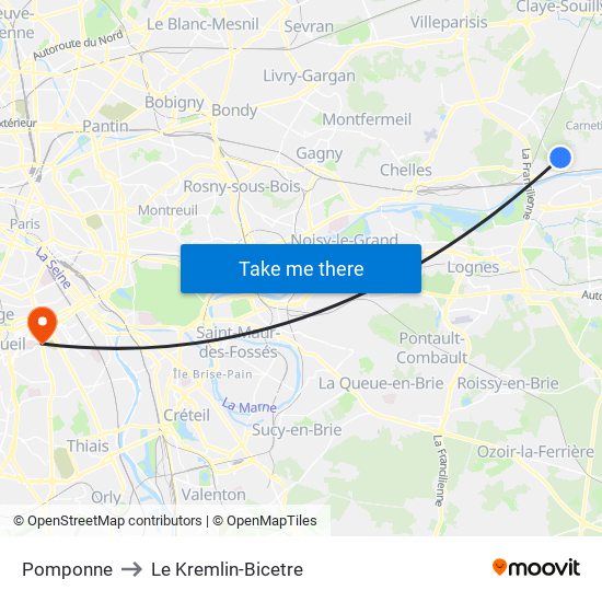 Pomponne to Le Kremlin-Bicetre map