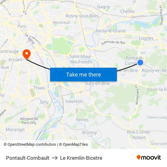 Pontault-Combault to Le Kremlin-Bicetre map