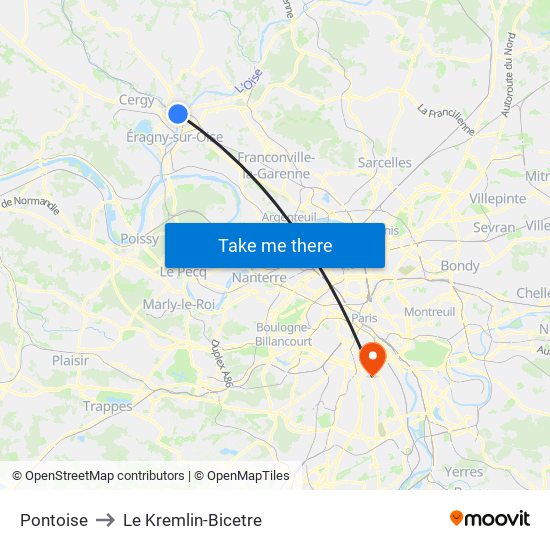 Pontoise to Le Kremlin-Bicetre map