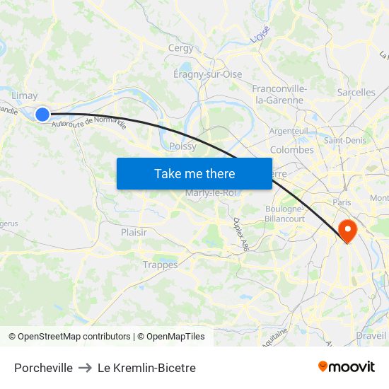 Porcheville to Le Kremlin-Bicetre map
