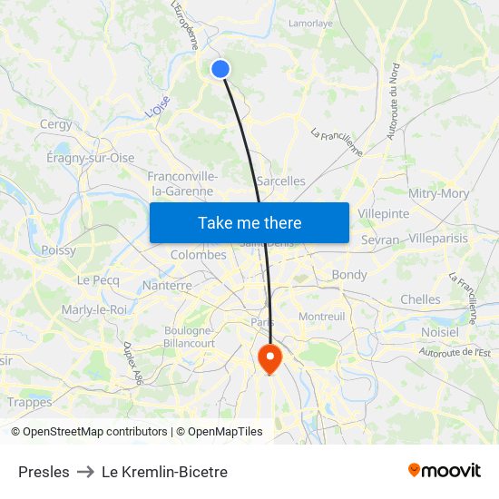 Presles to Le Kremlin-Bicetre map