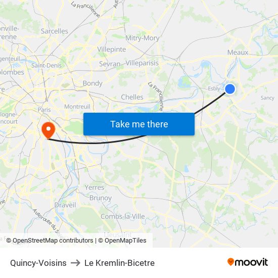 Quincy-Voisins to Le Kremlin-Bicetre map