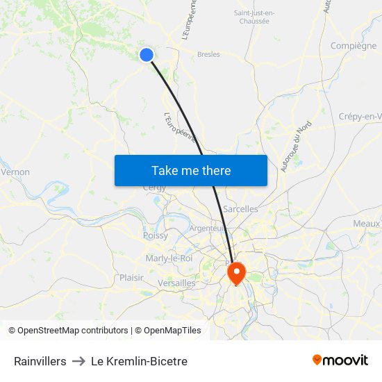 Rainvillers to Le Kremlin-Bicetre map