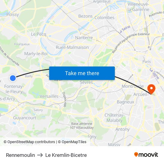 Rennemoulin to Le Kremlin-Bicetre map