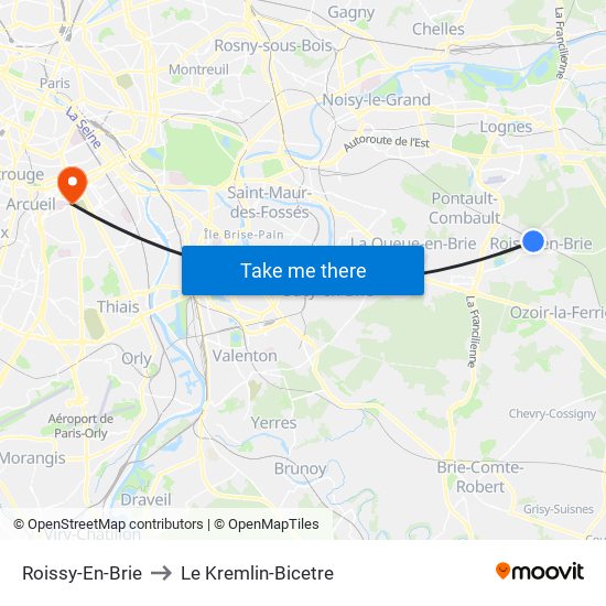 Roissy-En-Brie to Le Kremlin-Bicetre map