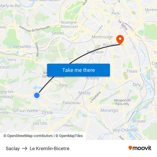 Saclay to Le Kremlin-Bicetre map