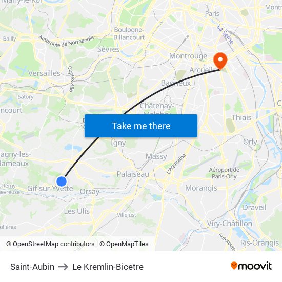 Saint-Aubin to Le Kremlin-Bicetre map