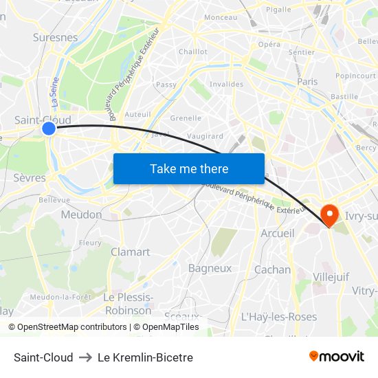 Saint-Cloud to Le Kremlin-Bicetre map