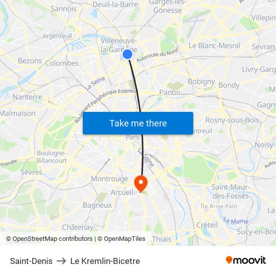 Saint-Denis to Le Kremlin-Bicetre map