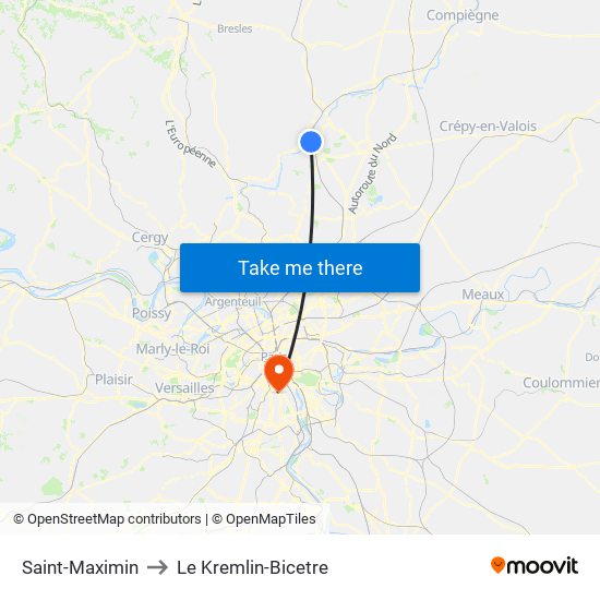 Saint-Maximin to Le Kremlin-Bicetre map
