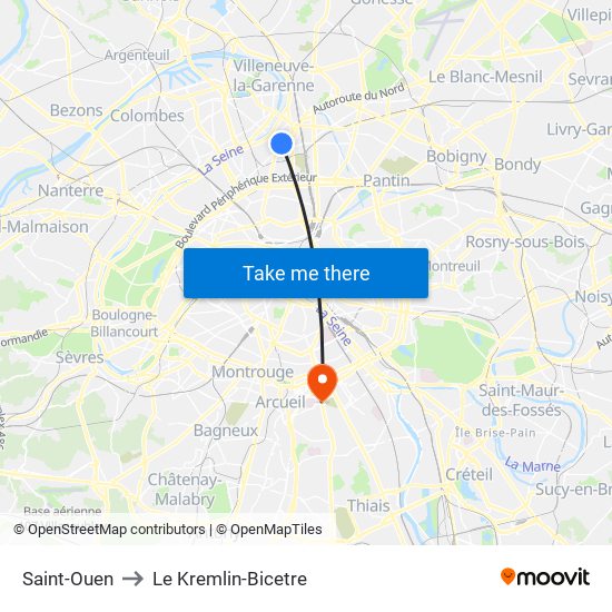 Saint-Ouen to Le Kremlin-Bicetre map
