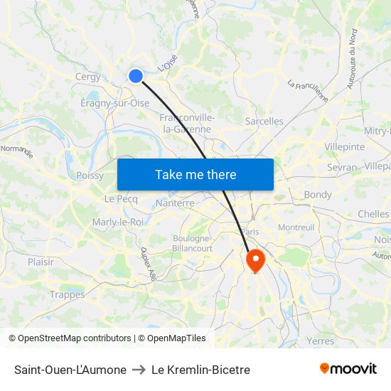 Saint-Ouen-L'Aumone to Le Kremlin-Bicetre map