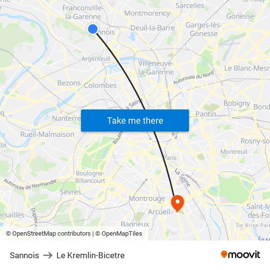 Sannois to Le Kremlin-Bicetre map