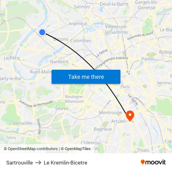 Sartrouville to Le Kremlin-Bicetre map