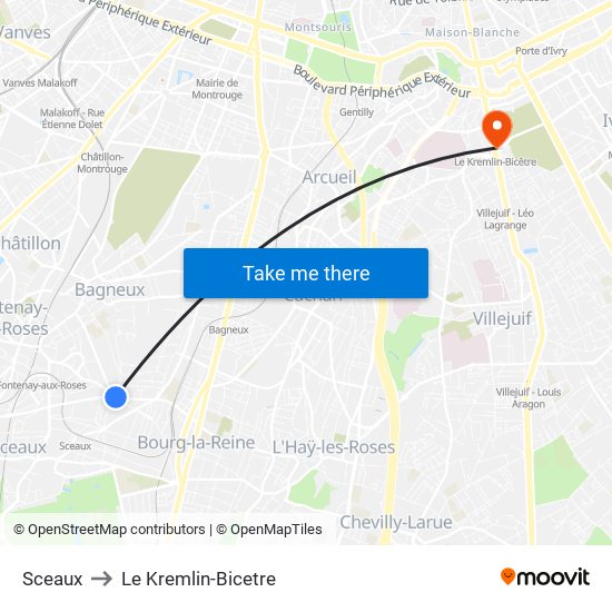 Sceaux to Le Kremlin-Bicetre map