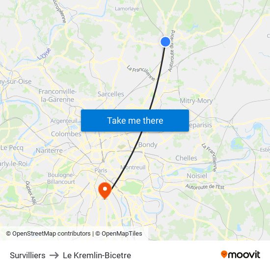 Survilliers to Le Kremlin-Bicetre map