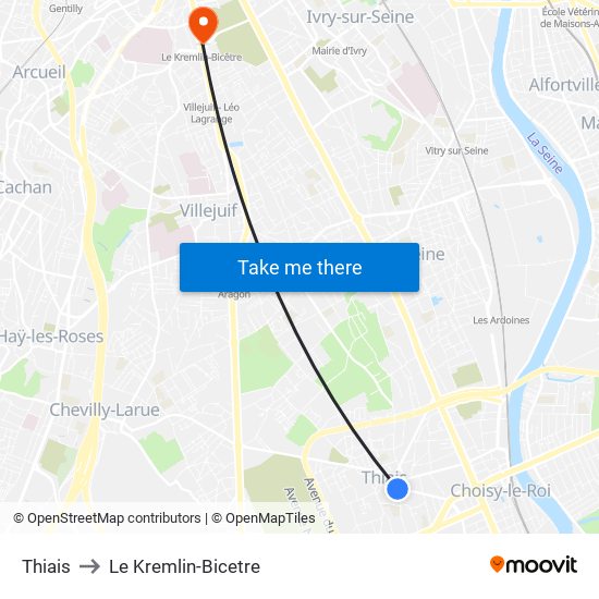 Thiais to Le Kremlin-Bicetre map