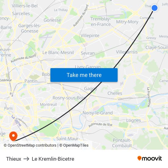 Thieux to Le Kremlin-Bicetre map