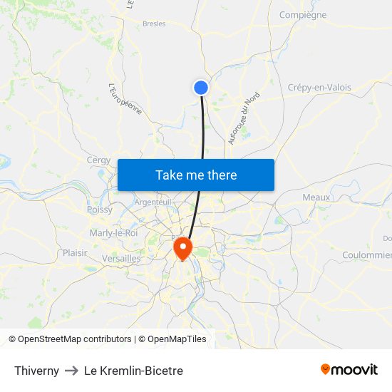 Thiverny to Le Kremlin-Bicetre map