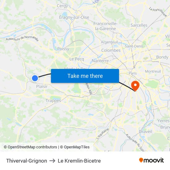 Thiverval-Grignon to Le Kremlin-Bicetre map