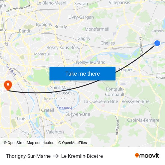 Thorigny-Sur-Marne to Le Kremlin-Bicetre map