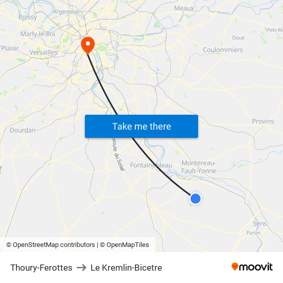 Thoury-Ferottes to Le Kremlin-Bicetre map