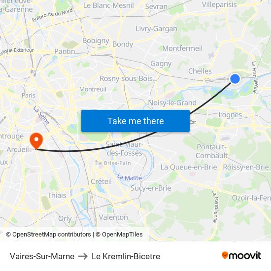 Vaires-Sur-Marne to Le Kremlin-Bicetre map