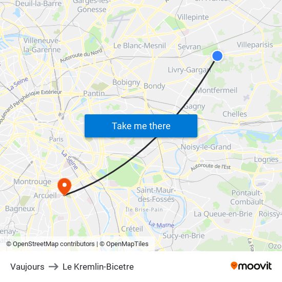 Vaujours to Le Kremlin-Bicetre map