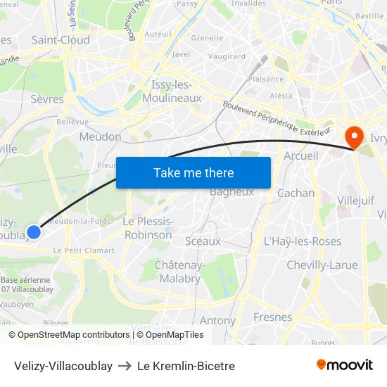 Velizy-Villacoublay to Le Kremlin-Bicetre map