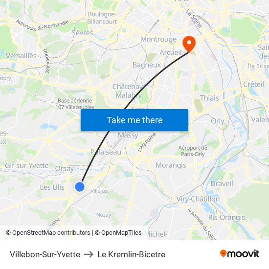 Villebon-Sur-Yvette to Le Kremlin-Bicetre map