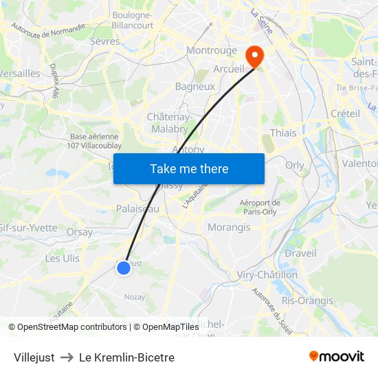 Villejust to Le Kremlin-Bicetre map