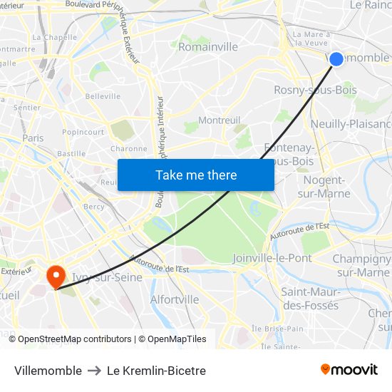 Villemomble to Le Kremlin-Bicetre map