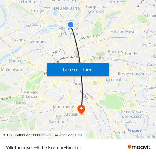 Villetaneuse to Le Kremlin-Bicetre map