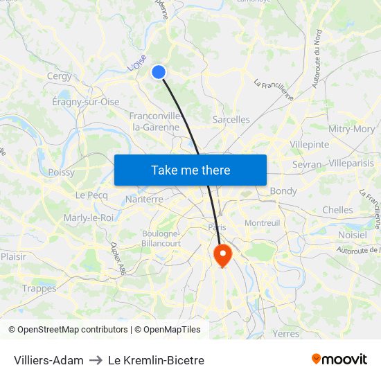 Villiers-Adam to Le Kremlin-Bicetre map