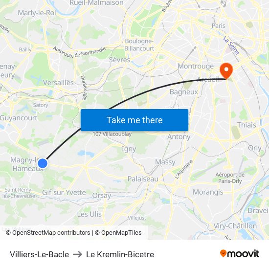 Villiers-Le-Bacle to Le Kremlin-Bicetre map