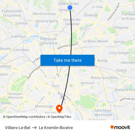 Villiers-Le-Bel to Le Kremlin-Bicetre map