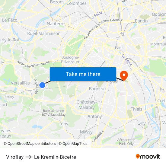 Viroflay to Le Kremlin-Bicetre map