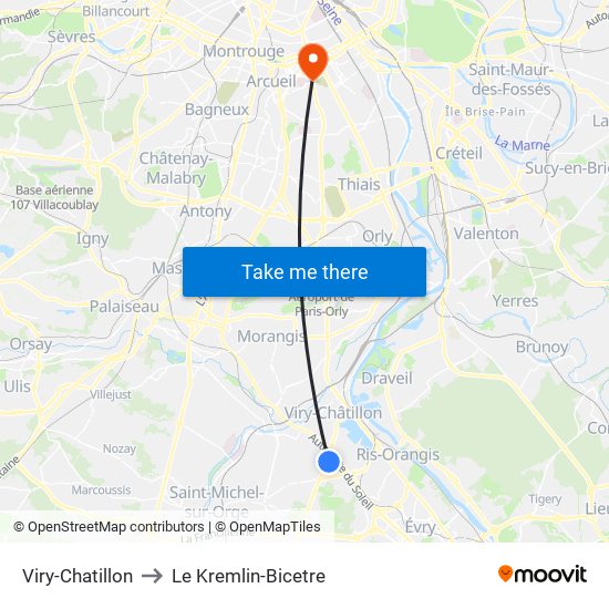 Viry-Chatillon to Le Kremlin-Bicetre map