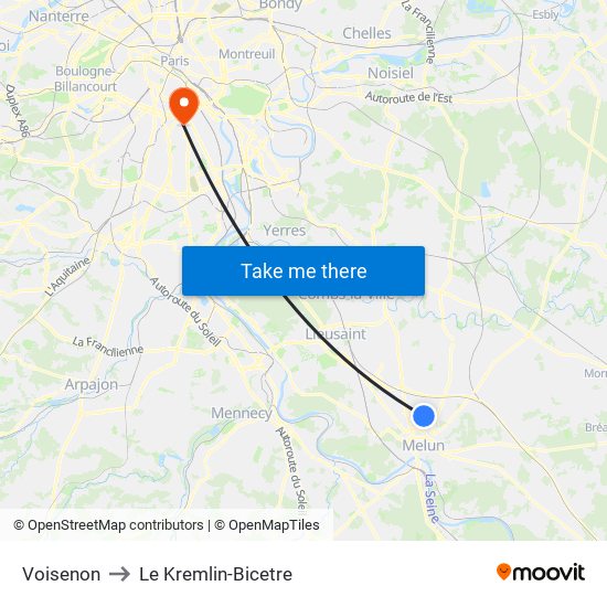 Voisenon to Le Kremlin-Bicetre map