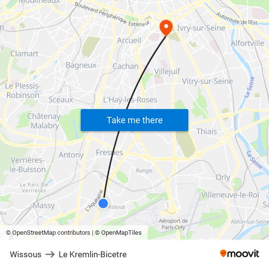 Wissous to Le Kremlin-Bicetre map